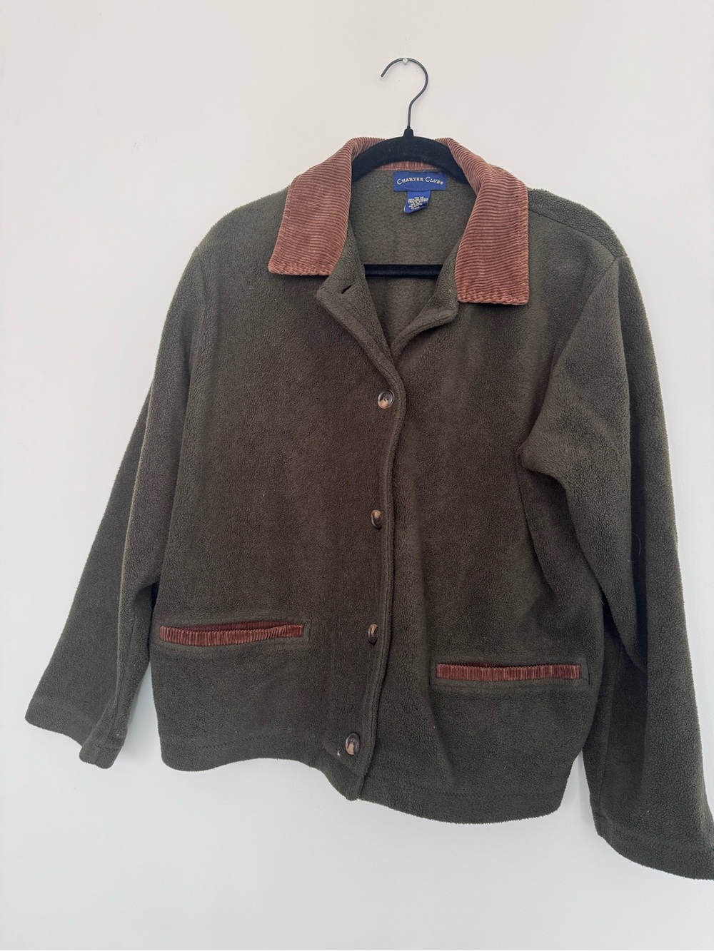 Charter Club Olive Green Fleece Jacket with Brown Corduroy Trim - Picture 1 of 2